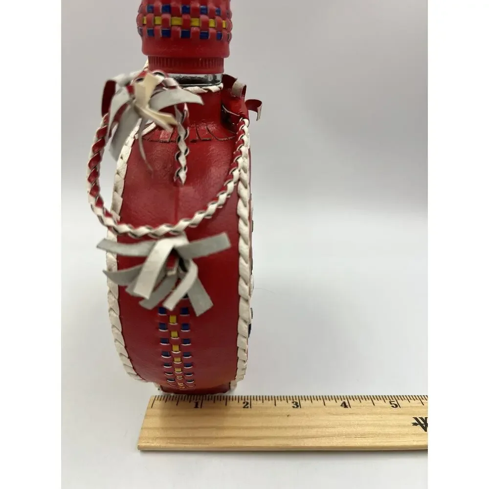 Vintage Leather‎ Braid Wrapped Covered Bottle/Decanter Hearts Red Folk Art